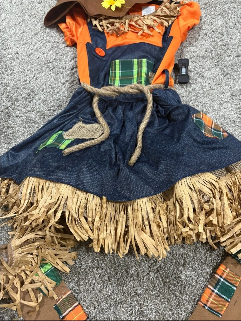 Girls Orange & Navy Scarecrow Costume with Hat and socks size 7/8